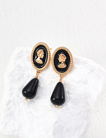 Sterling silver vintage black drop glaze imitation agate earrings