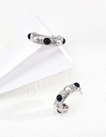 S925 Silver Vintage Natural Pearl Black Onyx Earrings Stud Earrings