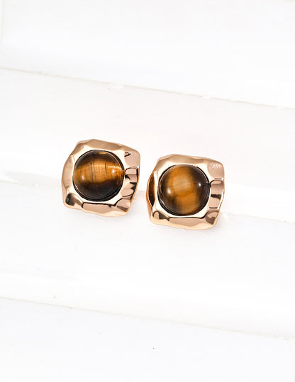 S925 Silver Simple Natural Tiger's Eye Earrings