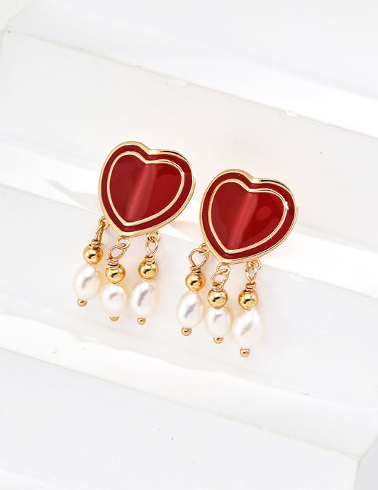 S925 Silver Fashion Red Drip Glaze Natural Pearl Heart Shaped Earrings