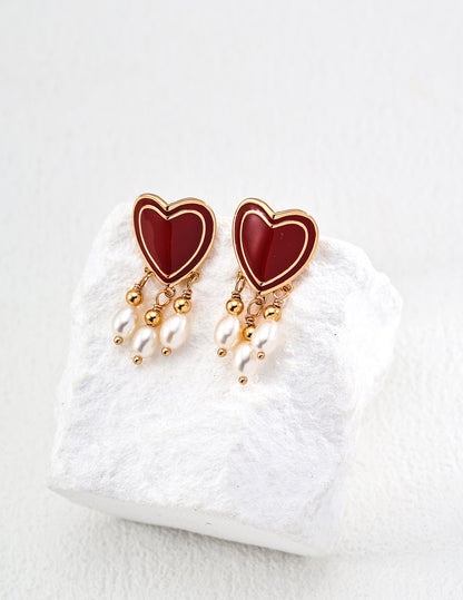 S925 Silver Fashion Red Drip Glaze Natural Pearl Heart Shaped Earrings