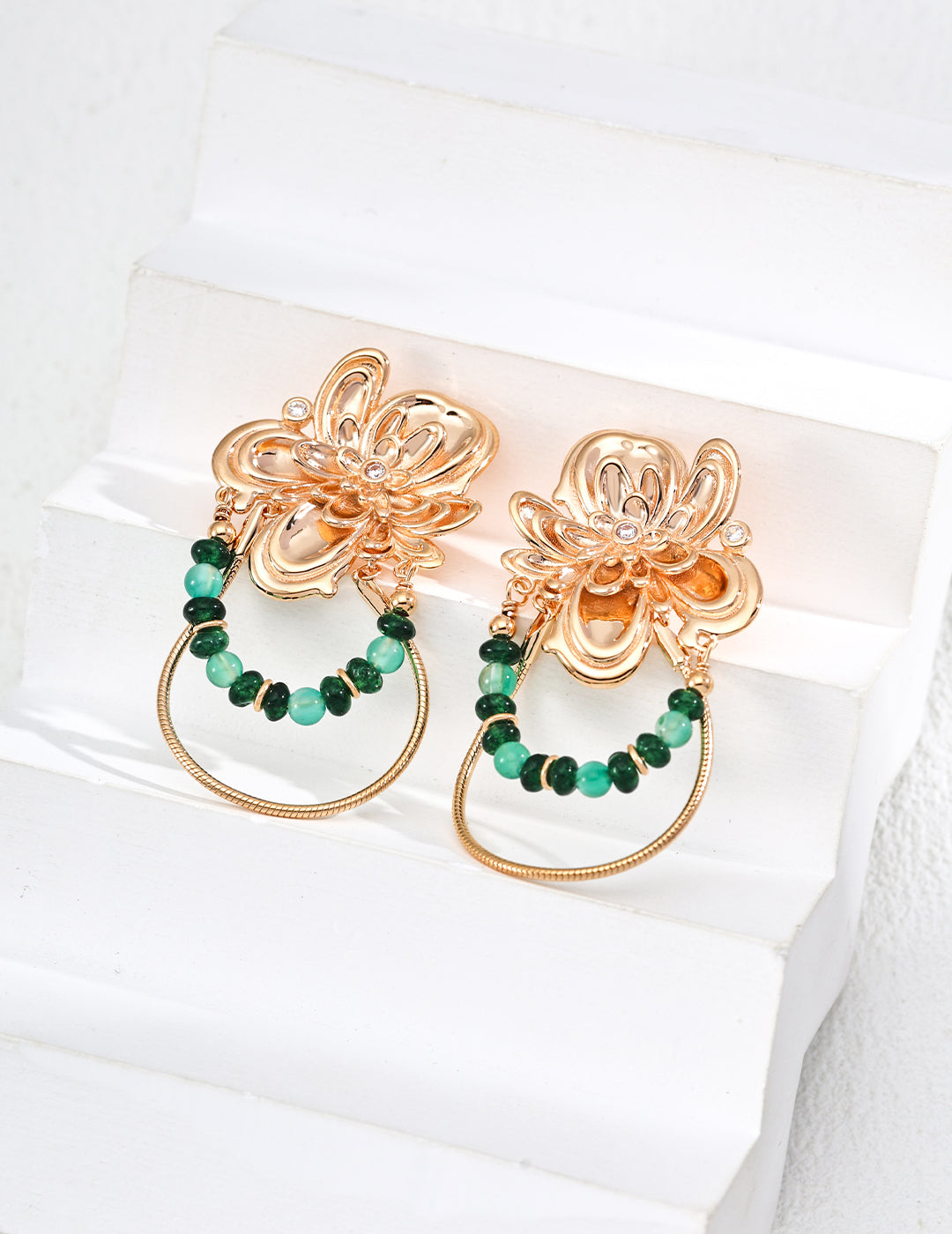 S925 Silver Vintage Design Sense Emerald Agate Zirconia Earrings