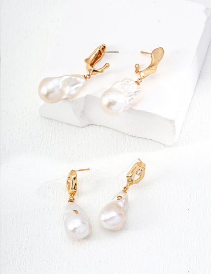 S925 Silver Vintage Natural Baroque Pearl Zircon Earrings (Pearl Size)