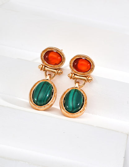 S925 Silver Vintage Natural Malachite Red Agate Earrings