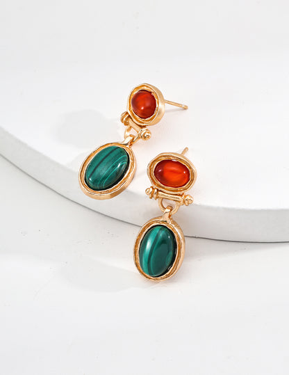 S925 Silver Vintage Natural Malachite Red Agate Earrings