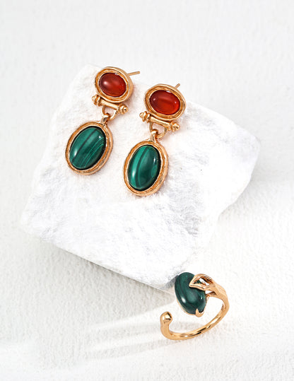 S925 Silver Vintage Natural Malachite Red Agate Earrings