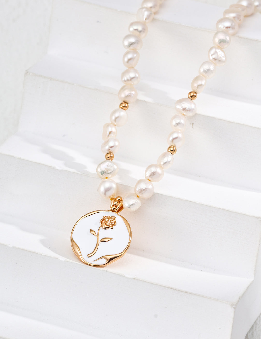 S925 Silver Simple Natural Pearl Drop Glaze Rose Pendant Necklace