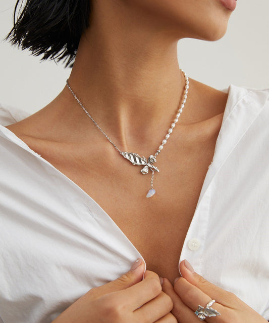 Sterling silver butterfly pearl necklace