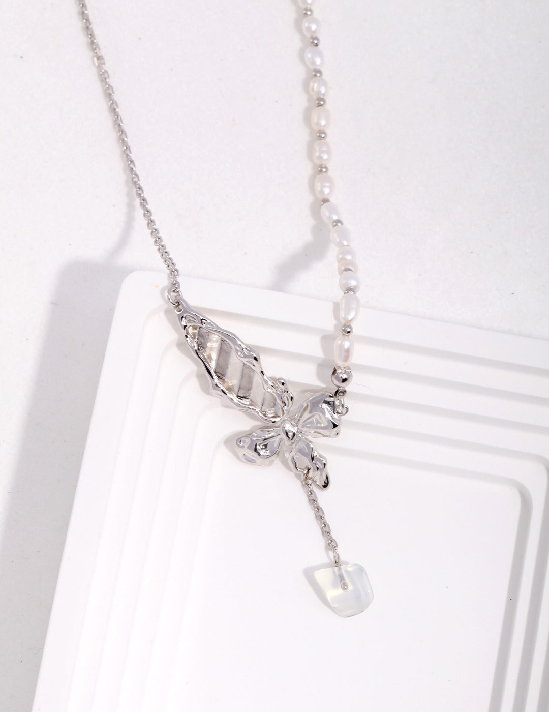 Sterling silver butterfly pearl necklace