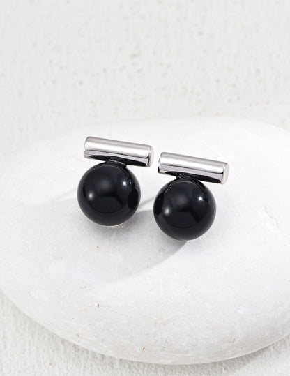 S925 Silver Simple Natural Tiger's Eye Black Onyx Earrings Studs