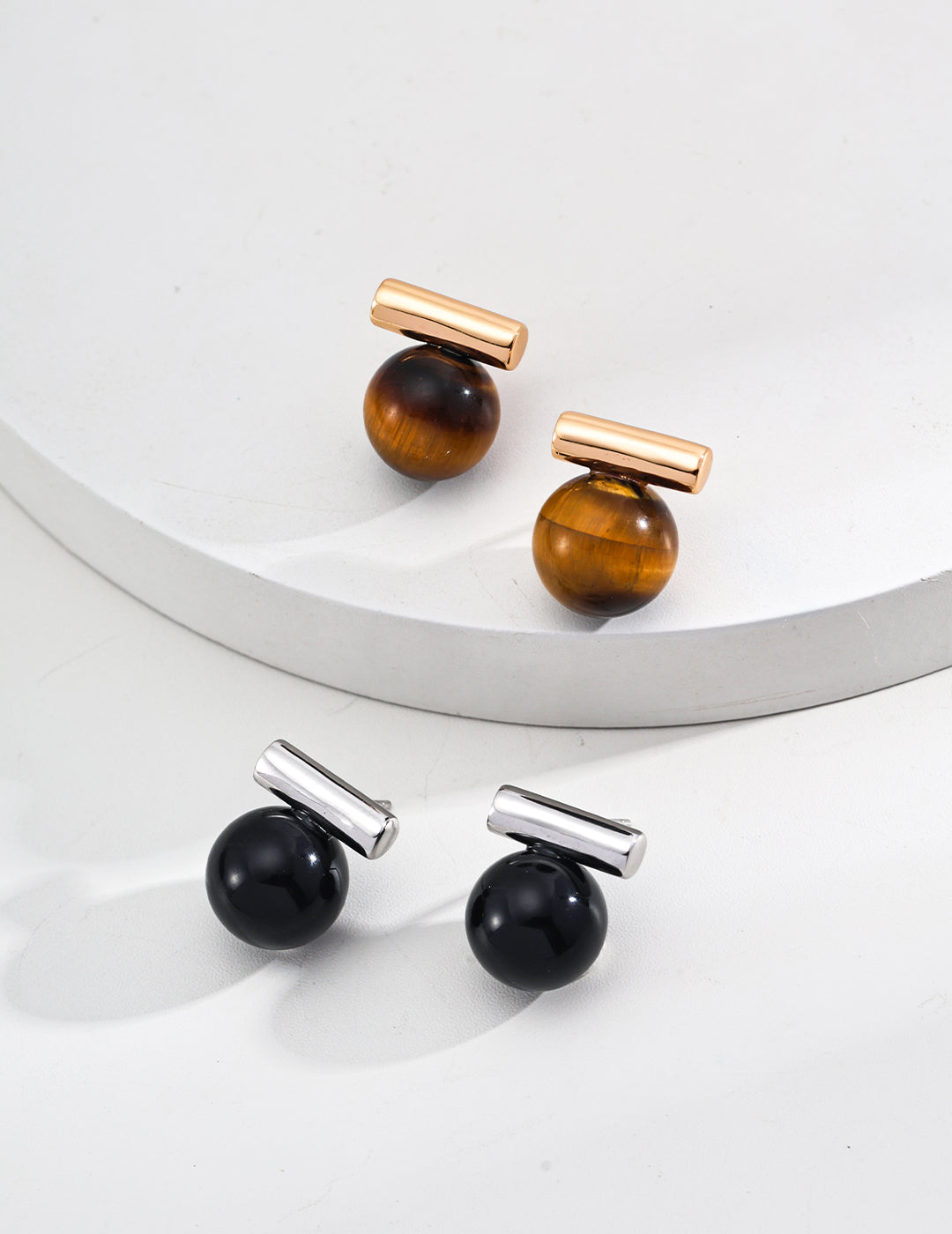 S925 Silver Simple Natural Tiger's Eye Black Onyx Earrings Studs