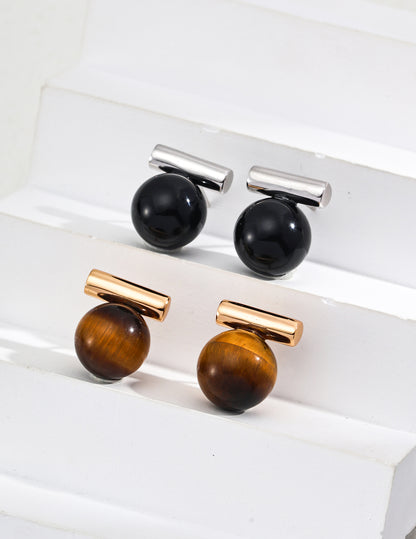 S925 Silver Simple Natural Tiger's Eye Black Onyx Earrings Studs