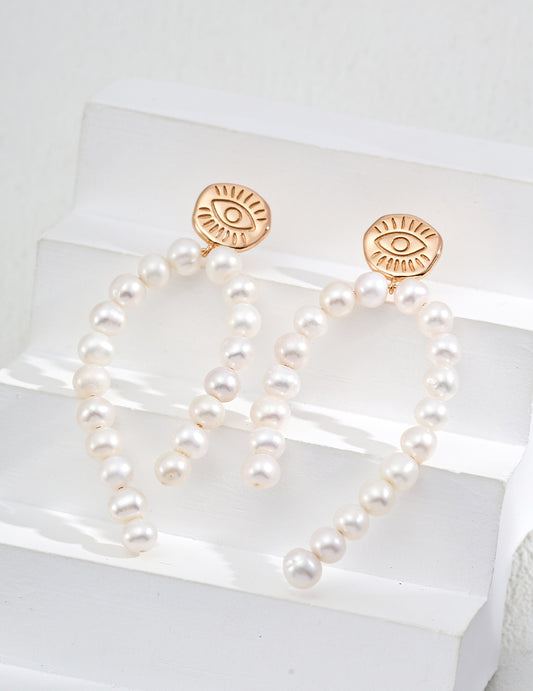 S925 Silver Vintage Gold Natural Pearl Earrings ( Pair )