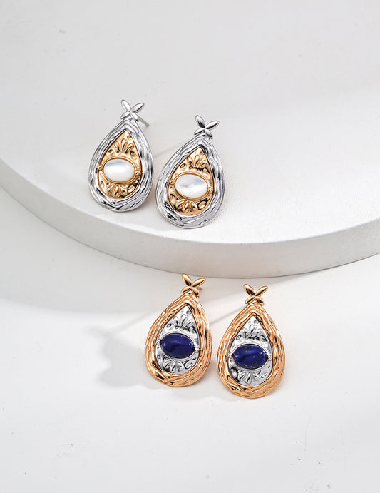 S925 silver vintage gold spelling platinum mother-of-pearl/lapis lazuli design earrings