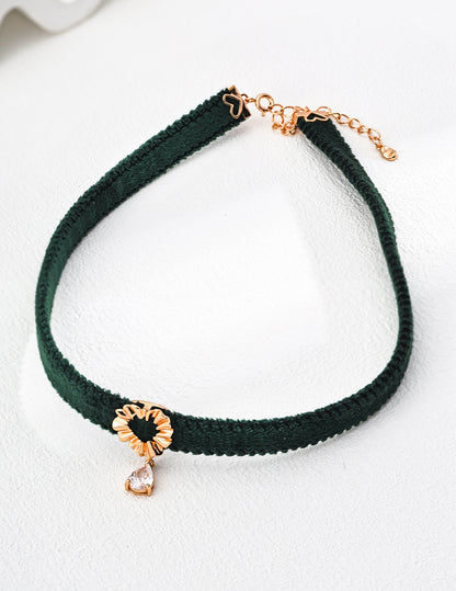 S925 Silver Simple Green Velvet Band/Black PU Leather Zircon Necklace