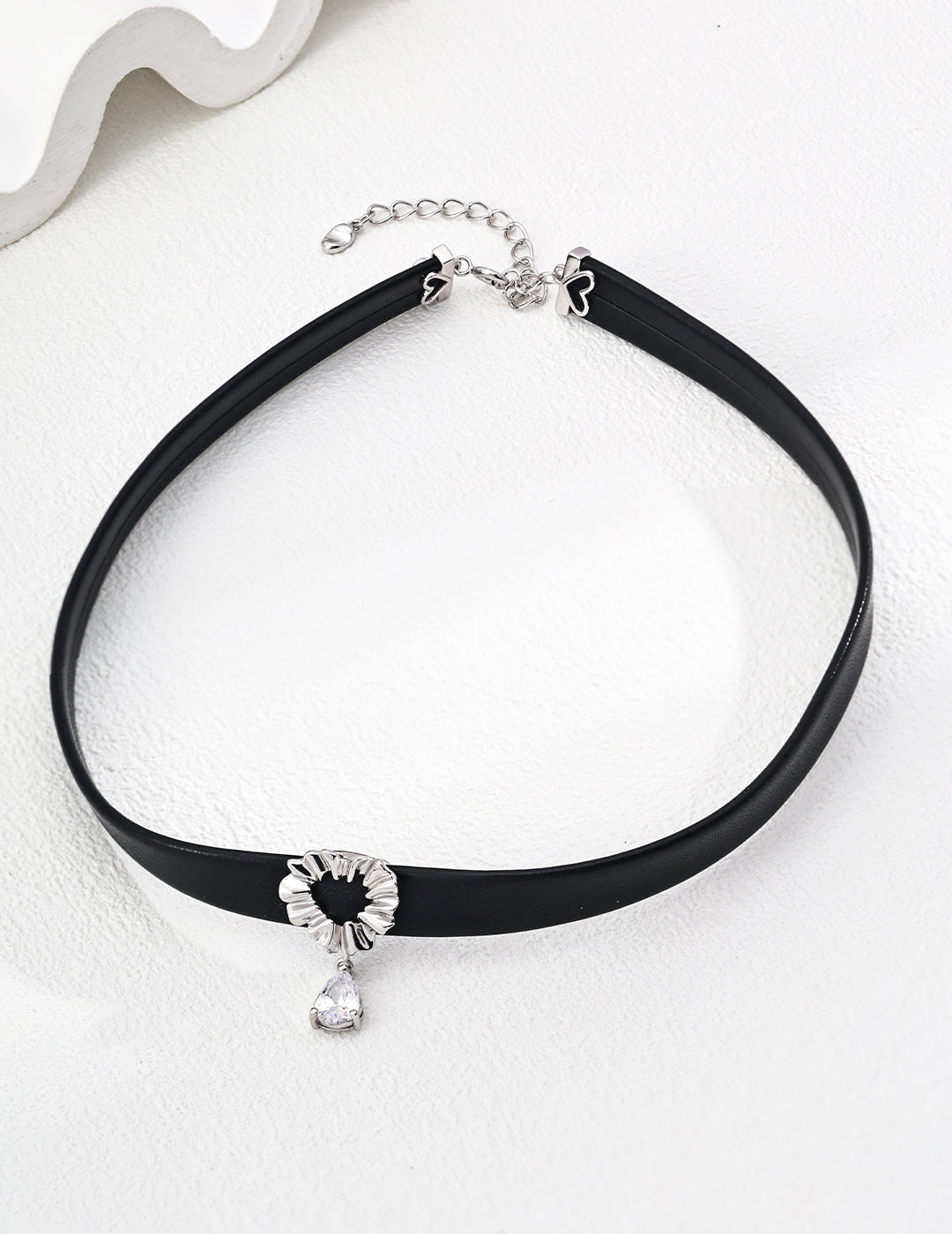 S925 Silver Simple Green Velvet Band/Black PU Leather Zircon Necklace