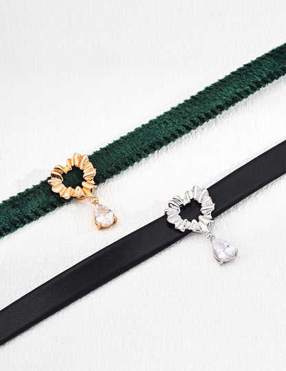 S925 Silver Simple Green Velvet Band/Black PU Leather Zircon Necklace