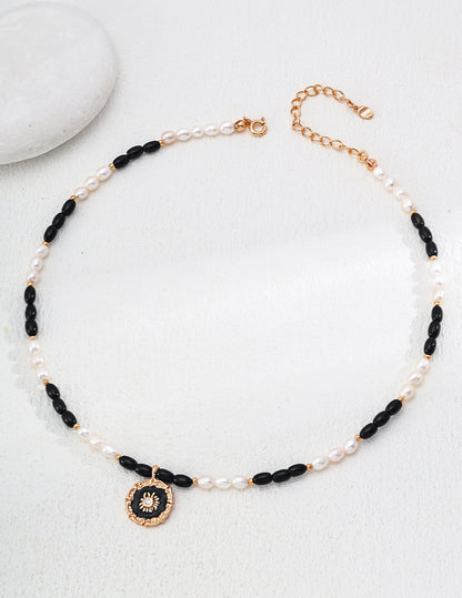 S925 Silver Natural Pearl Black Onyx Drip Glazed Zirconia Pendant Necklace