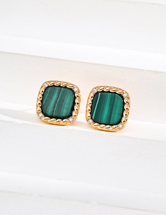 Sterling silver simple zircon natural malachite earrings