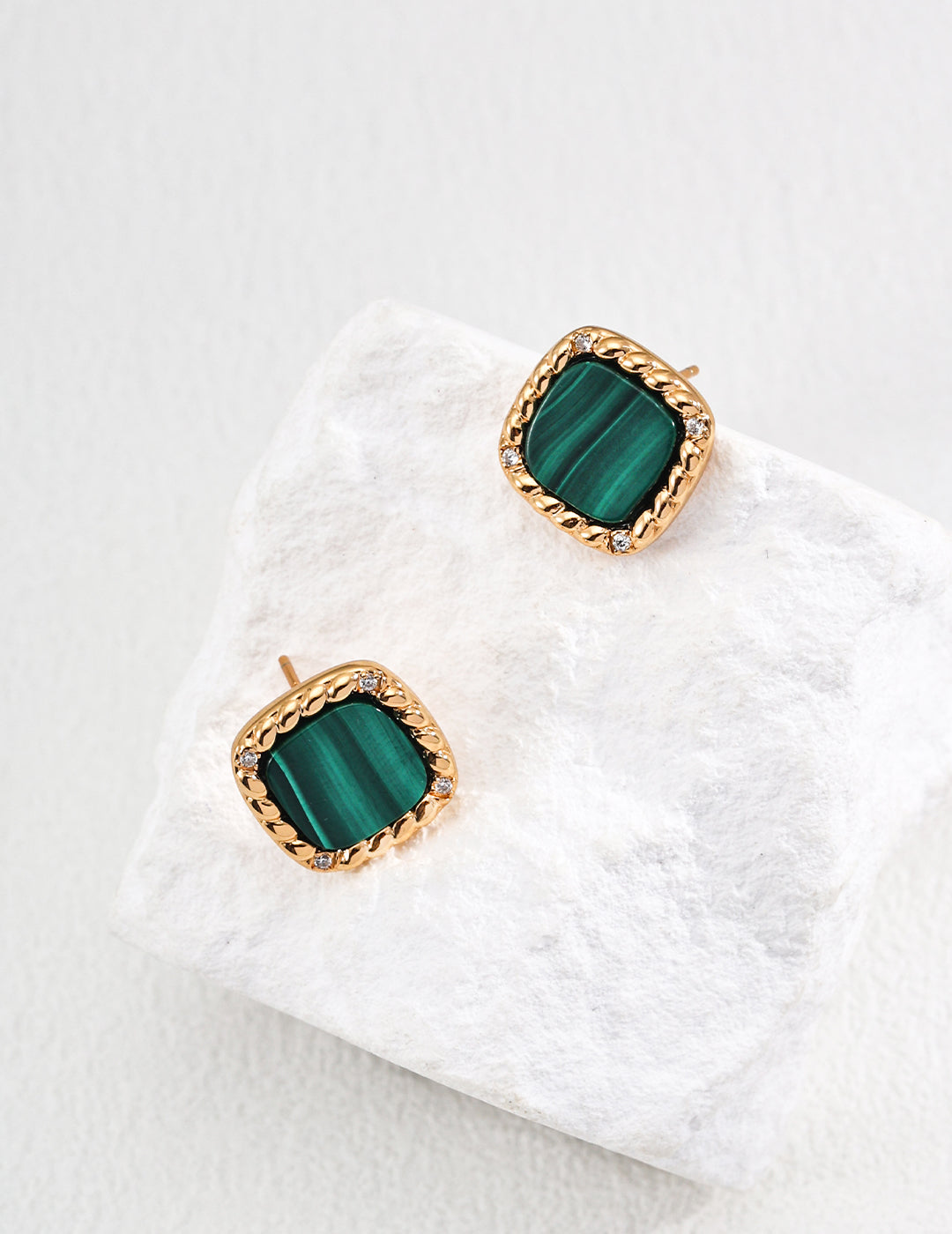 Sterling silver simple zircon natural malachite earrings