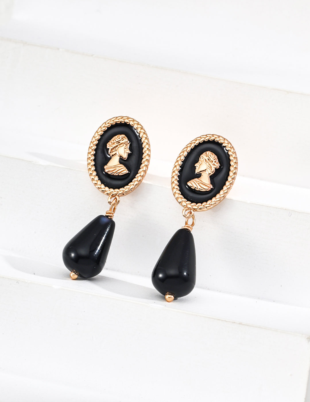 Sterling silver vintage black drop glaze imitation agate earrings