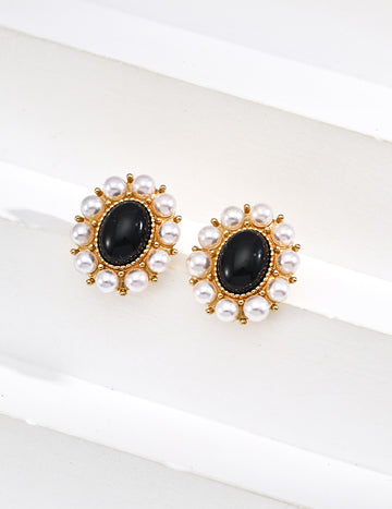 Sterling silver design black onyx imitation pearl earrings