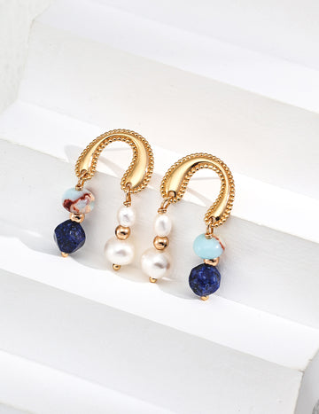 Sterling silver simple natural pearl lapis lazuli Shoushan stone earrings