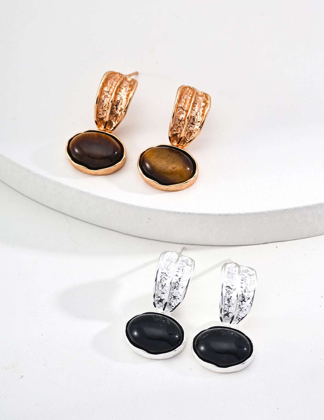 Sterling silver black agate tiger eye earrings