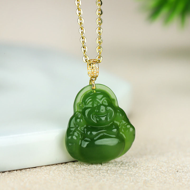Hotan Jade 18 Jasper Necklace Gold Inlaid Jade Maitreya Buddha Public Pendant Jade Jade Buddha Pendant Buddha Jade Jade Pendant